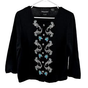 Vintage Michael Simon Beaded Button Up Cardigan Turquoise Lizard Silk Black L